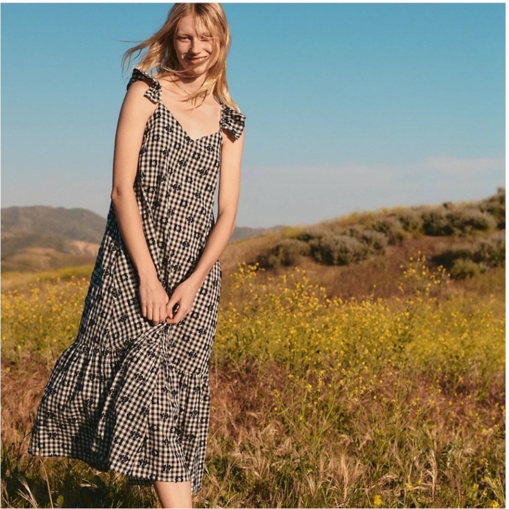 Ruffle-Hem Tent Midi Dress in Clip Gingham size 10